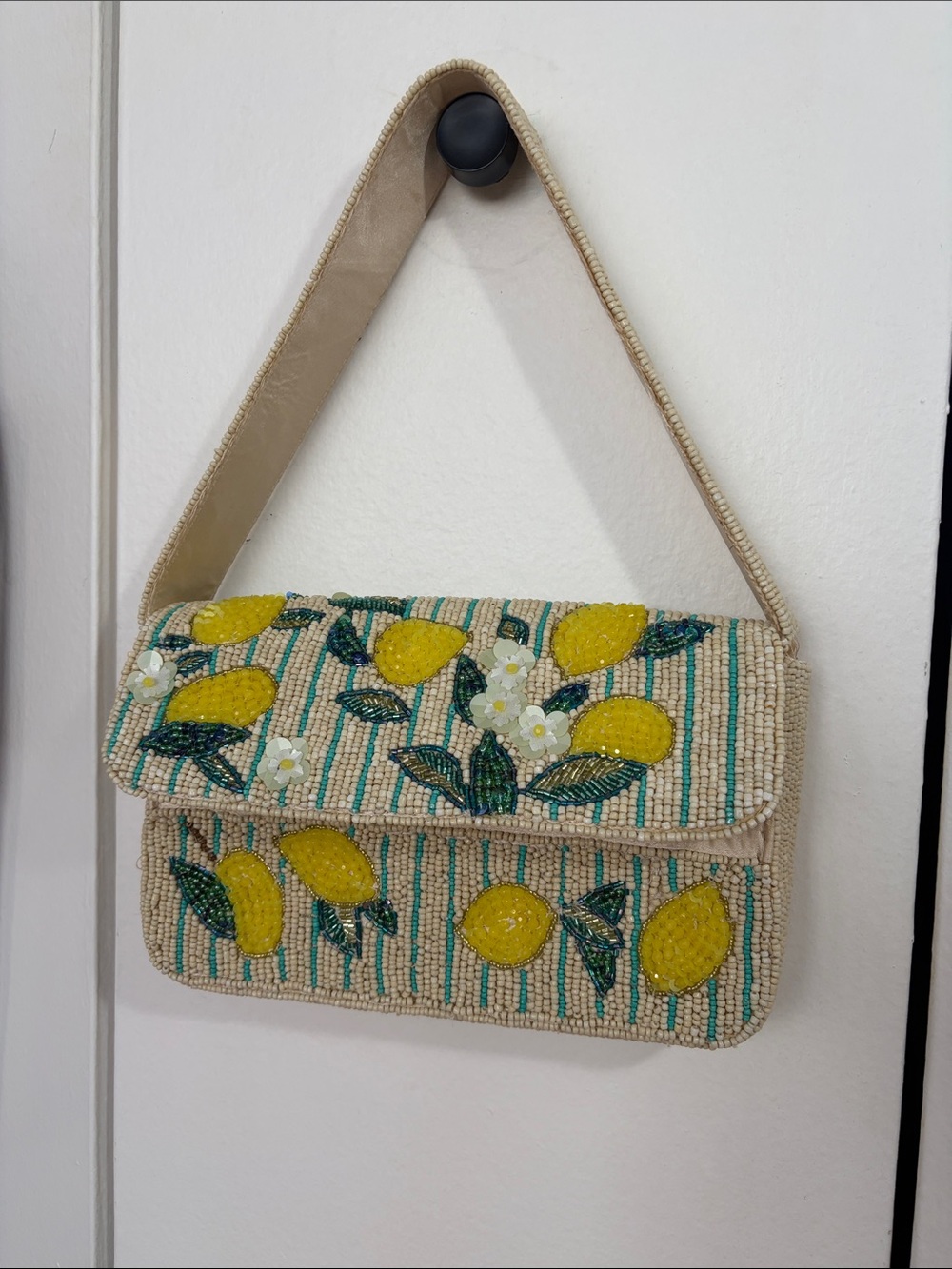 Beaded Lemon Motif Shoulder Bag - Beige/Yellow